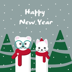 Cute bear and cat in a red scarf with green fir trees. Greeting card happy new year.