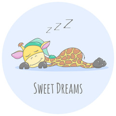 Cute cartoon sleeping baby animal giraffe with sweat dreams text and round background.