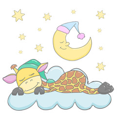 Cute cartoon sleeping baby animal giraffe on a cloud with moon and stars in background.