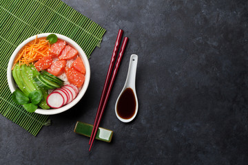 Poke bowl with salmon and vegetables