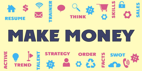 MAKE MONEY Panoramic Banner with icons and tags, words. Hi tech concept. Modern style