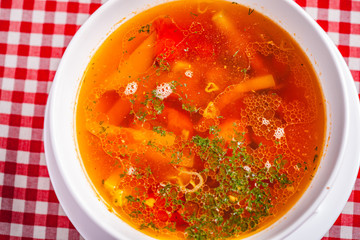 Italian minestrone soup with pasta and vegetables. Close up