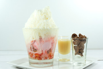 Dessert Strawberry in glass on white background, Korean dessert, Front view. Food background concept, Blank for design..