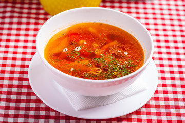 Italian minestrone soup with pasta and vegetables. Close up