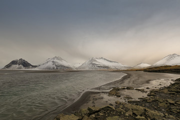 Snowy mountain, sea and beach