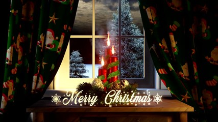 merry christmas with ornaments candles curtains in the window and outside conifers and snowing - Powered by Adobe