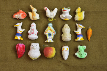 vintage christmas tree decorations on canvas background, top view