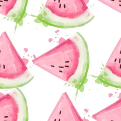 Fotobehang Watermeloen Plakken van watermeloen naadloos patroon. Aquarel vectorillustratie.