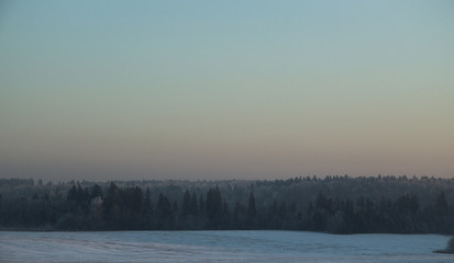Russian nature winter snow frozen landscape, evening sunset time