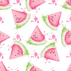 Slices of watermelon seamless pattern. Watercolor vector illustration.