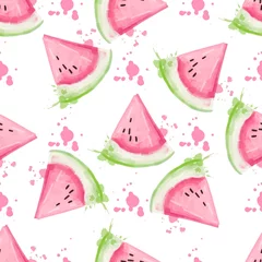 Behang Aquarel fruit Plakken van watermeloen naadloos patroon. Aquarel vectorillustratie.