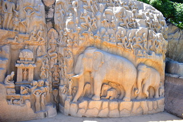 Chennai, Tamilnadu - India - September 09, 2018: Sculptures in a Single Rock