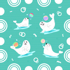 Seals playing ball seamless pattern cartoon cute using for kids abstract background vector illustration