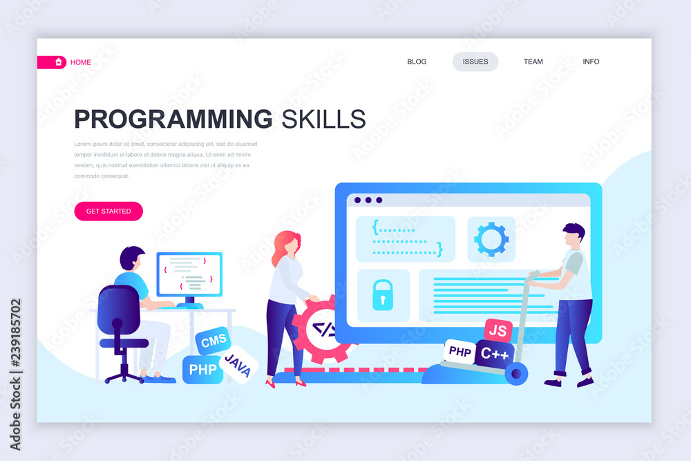 Wall mural modern flat web page design template of programming skills decorated people character for website an