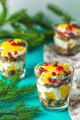 Delicious healthy breakfast concept. Yogurt with granola