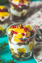 Delicious healthy breakfast concept. Yogurt with granola