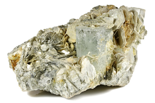 aquamarine crystal on muscovite from Nagar, Pakistan isolated on white background