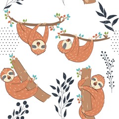 Seamless pattern. Vector hand drawn illustration with funny sloths.