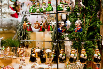 Christmastree decorations at the German Christmas market, close up 