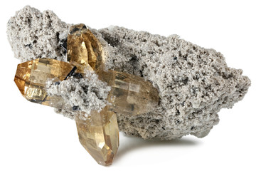 topaz on volcanic rhyolite matrix from Thomas Range, Utah isolated on white background