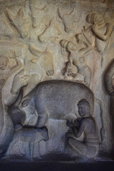 Fototapeta na wymiar Chennai, Tamilnadu - India - September 09, 2018: Mamallapuram stone carvings