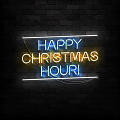 Vector realistic isolated neon sign of Happy Hour Christmas logo for decoration and covering on the wall background. Concept of Happy New Year in bars and pubs.