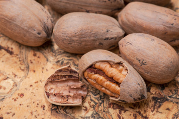 Fresh organic pecans nuts in wooden bowl on natural cork background.