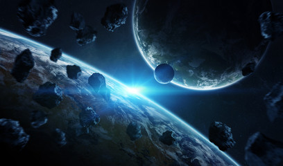 Distant planet system in space with exoplanets 3D rendering elements of this image furnished by NASA - obrazy, fototapety, plakaty