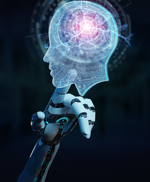 Cyborg creating artificial intelligence 3D rendering