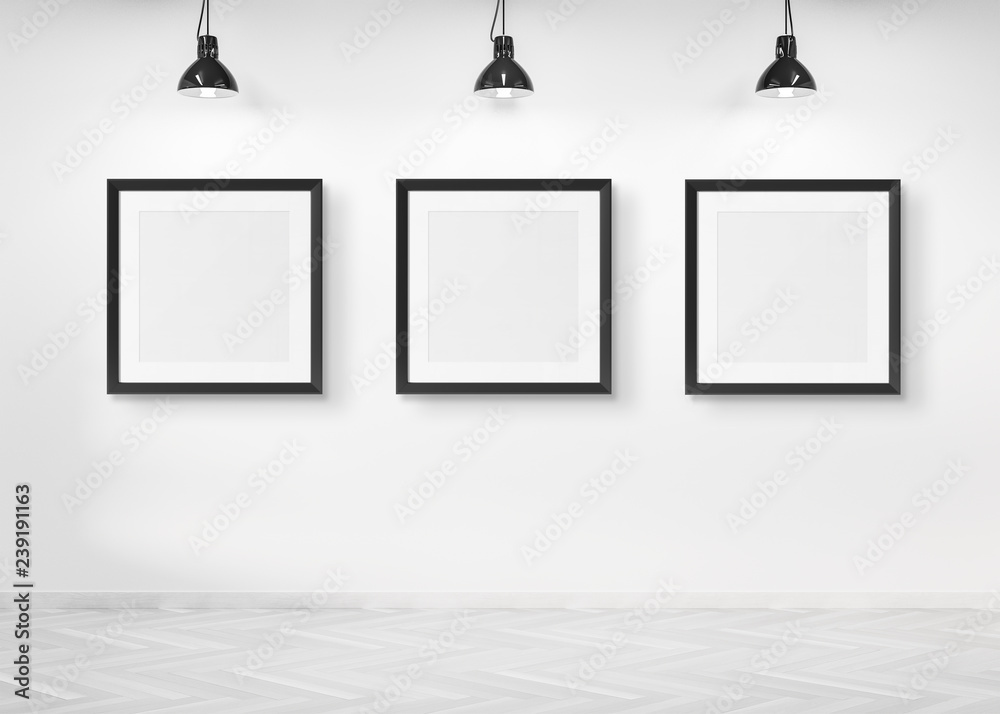 Poster Three squared frames hanging on a wall mockup 3d rendering