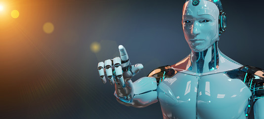 White male cyborg pointing his finger 3D rendering