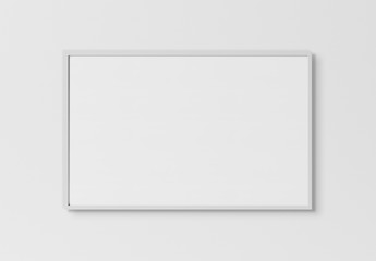 White rectangular horizontal frame hanging on a white wall mockup 3D rendering