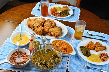 Southern Sunday Supper with Family Style Setting on Antique Oak Dinner Table