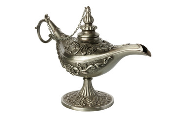 Oil lamp in oriental style made of metal with krsivym bas-relief on a white background.