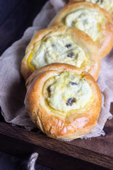 Fresh homemade open patties with cottage cheese and raisins. Traditional Russian yeast pastry vatrushka, round buns, curd tart. Buns with cottage cheese and raisins. Rustic style. Copy space.