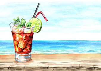 Glass of  Cuba Libre cocktail with lime, ice cubes and mint. Summer drink. Background with empty space for your text. Watercolor hand drawn illustration