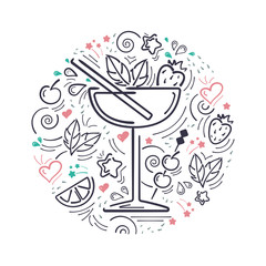 Vector card with cocktail and decoration elements. Hand drawn style illustration.  Suitable for bar menu design, invitation, advertisign or textile print