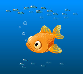 vector illustration of sad fish, yellow fish, goldfish, yellow stripes, cartoon, big eyes, ocean, sea, marine fish, tropical fish, seabed, underwater world