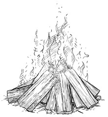 Camp fire illustration, drawing, engraving, ink, line art, vector