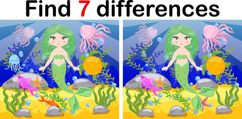 Find differences, game for children, mermaid underwater in cartoon style, education game for kids, preschool worksheet activity, task for the development of logical thinking.