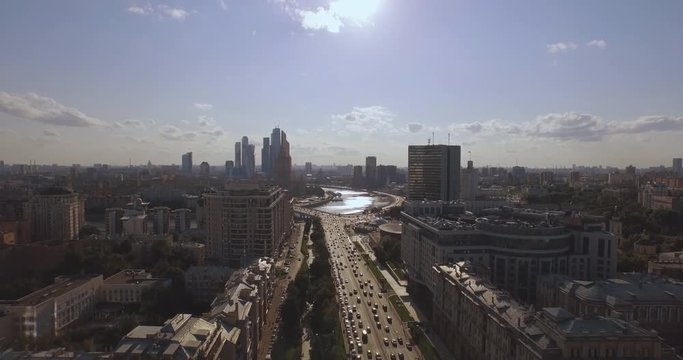 Aerial view of New Arbat street at sunny summer day in Moscow 4k