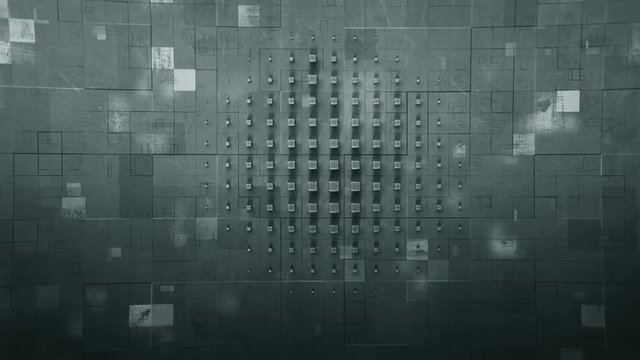Metallic blocks on wall. Abstract futuristic industry concept. Seamless loop 3D render animation 4k UHD 3840x2160