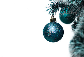 Aqua Christmas ball hanging on Christmas tree. Christmas decoration. Christmas winter background. Christmas, New Year  concept.