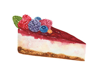 Hand drawn watercolor illustration piece of cheesecake with fresh berries isolated on white background