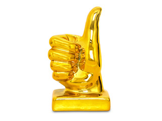 golden thumb up statue, isolated on white background