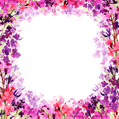 Fototapeta na wymiar Hand drawn watercolor square frame with meadow small bright pink, lilac and violet flowers and translucent flower layer on white background. Design for cards, invitations, flyers.