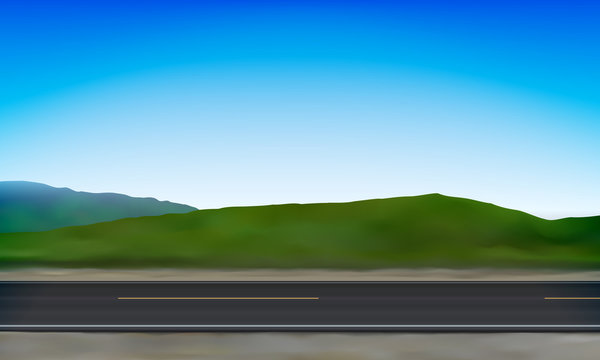 Side view of a road, roadside, green meadow in the hills and clear blue sky background, vector illustration