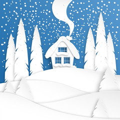 Landscape with a winter house in the snow. Spruce forest. Paper cut design. Merry Christmas and New Year paper art background. Vector illustration.