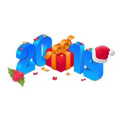 2019 isometric blue number with gift, santa hat, asberry and confetti