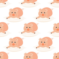 Laying cute pig on the pillow seamless pattern. Pattern design for printing, texture, cover design. Vector Illustration.